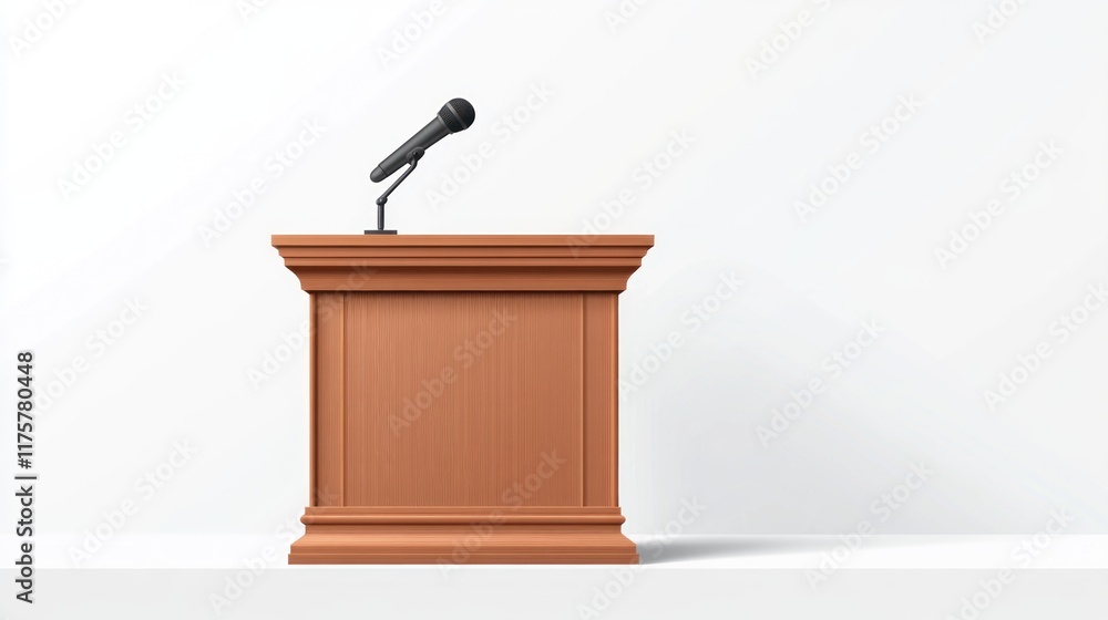 Wooden podium with microphone on white background.