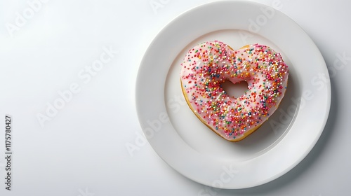 A heart shaped donut with sprinkles on a white plate photo