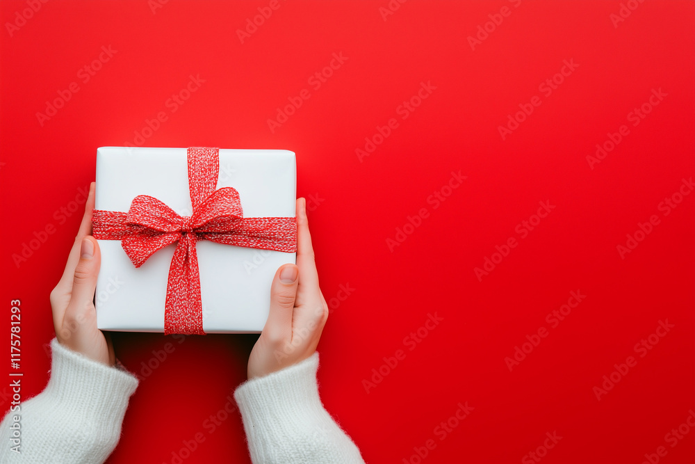 Hands holding a gift isolated on a red background Hands holding a gift isolated on a red background