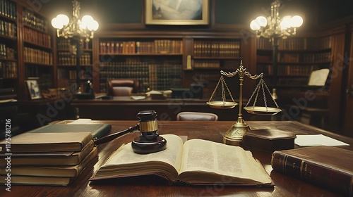 Legal proceedings and justice themes in a law office setting photo