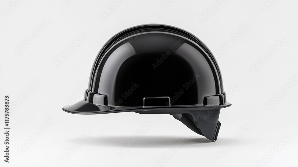 A black safety helmet displayed against a neutral background, showcasing its curved shape and protective design. A black safety helmet displayed against a neutral background, showcasing its curved shape and protective design.