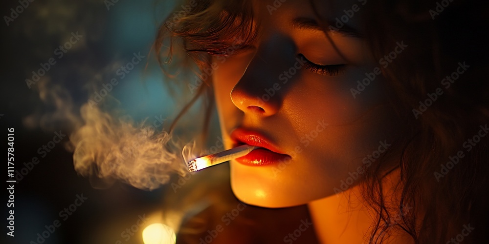Fototapeta premium Woman smoking cigarette, dimly lit room. Sensual portrait, mood