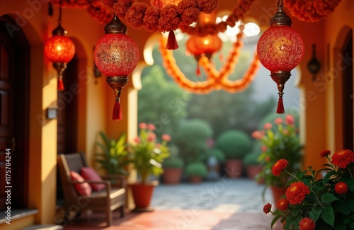 Traditional Indian home decorated for festival. Warm lighting, marigold flowers adorn entranceway. Red lanterns hang from archway creating festive atmosphere. Home inviting, welcoming. Floral photo