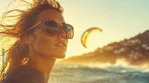 Woman, sunglasses, ocean, sunset, kitesurfing, beach, summer, freedom