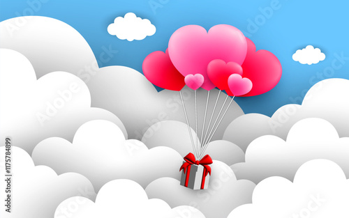 valentine background, heart shape balloons hanging gift boxes floating in the sky. paper art and digital craft style.