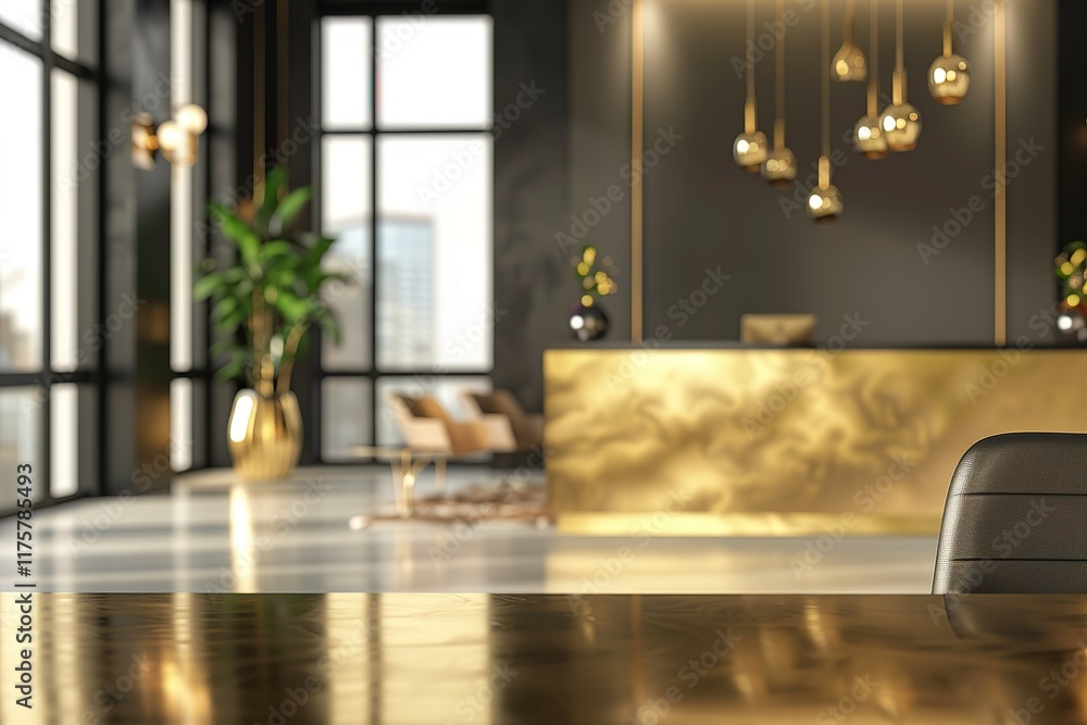 Modern office reception area with gold accents. Modern office reception area with gold accents.