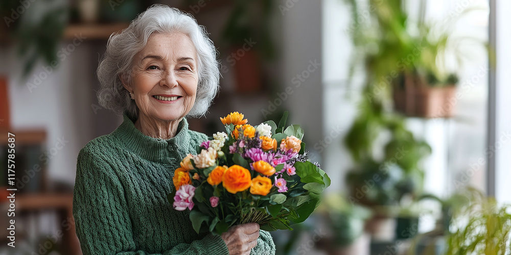 Fototapeta premium Cheerful elderly woman holding a bouquet of vibrant multicolored flowers in a cozy indoor setting. The image radiates warmth, joy, and a connection to nature and beauty.