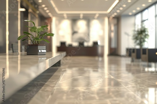 Modern lobby with sleek marble floors and a plant on a counter. photo