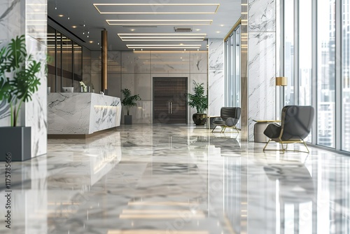 Modern office lobby with marble floors and comfortable seating. photo