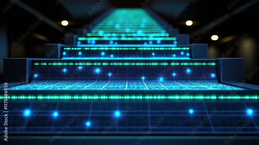 A futuristic staircase illuminated with blue lights, creating a high-tech ambiance. A futuristic staircase illuminated with blue lights, creating a high-tech ambiance.