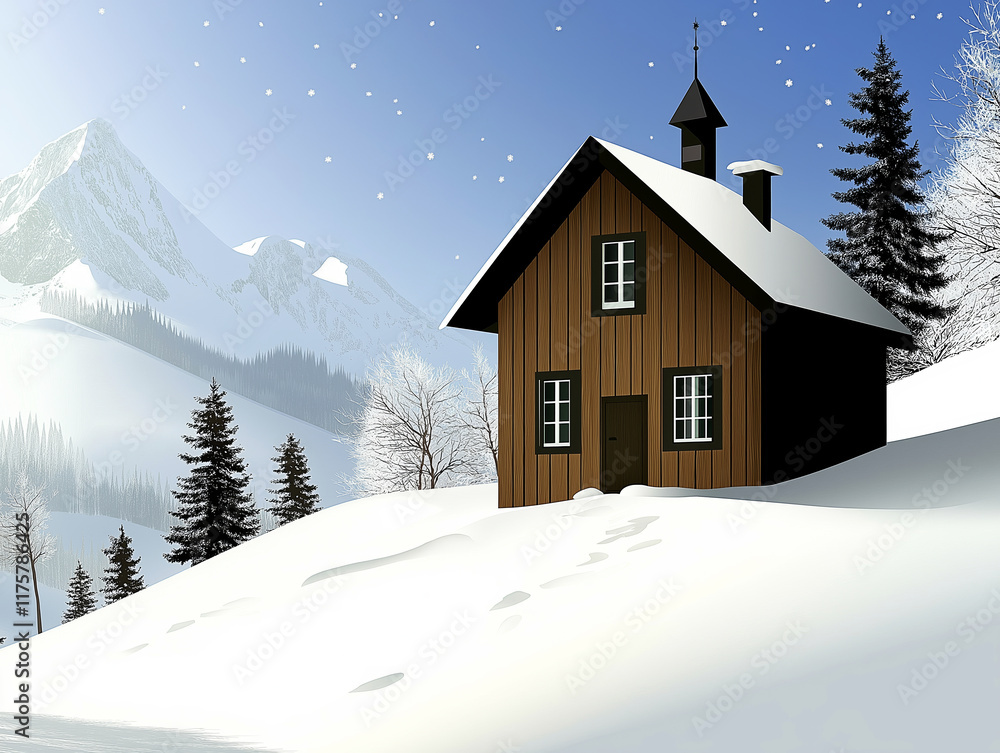 Fototapeta premium Snow-covered wooden house surrounded by trees and mountains