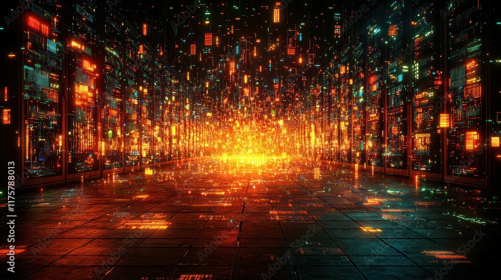 Fototapeta premium Digital Data Stream: A Cyberpunk Server Room