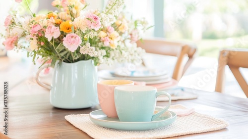 Wallpaper Mural Charming spring morning with fresh floral arrangement and pastel tea set on wooden table Torontodigital.ca