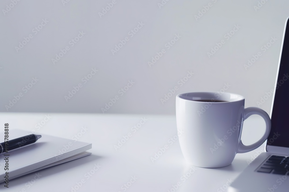 Coffee, notebook, and laptop on a minimalist desk. Perfect for work or study. Coffee, notebook, and laptop on a minimalist desk. Perfect for work or study.