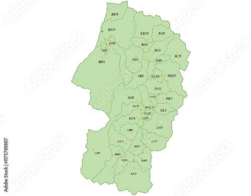 山形県　地図　黄緑　斑点　イラスト