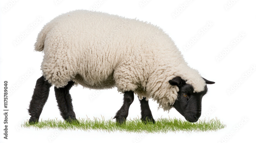 A black-faced sheep grazing on green grass. A black-faced sheep grazing on green grass.