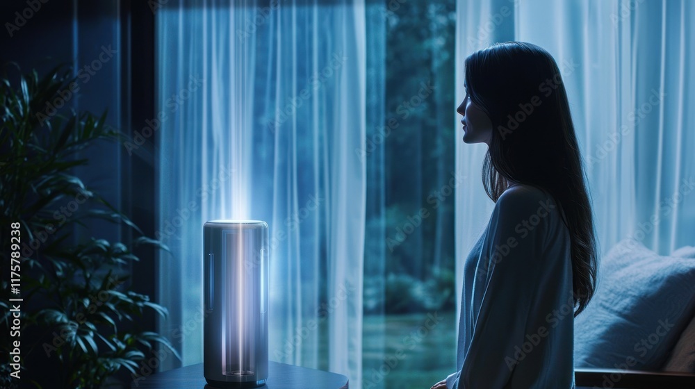 Serene Night: Woman Contemplating by Illuminated Device Serene Night: Woman Contemplating by Illuminated Device