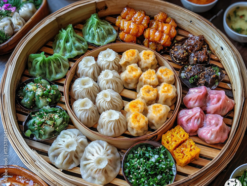 Celebrating chinese new year with colorful dumplings on a bamboo tray culinary art festive kitchen cultural experience