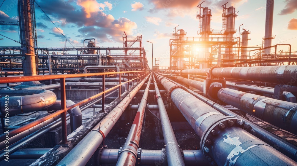 Industrial Sunset: Pipeline Network at a Refinery During Golden Hour Industrial Sunset: Pipeline Network at a Refinery During Golden Hour