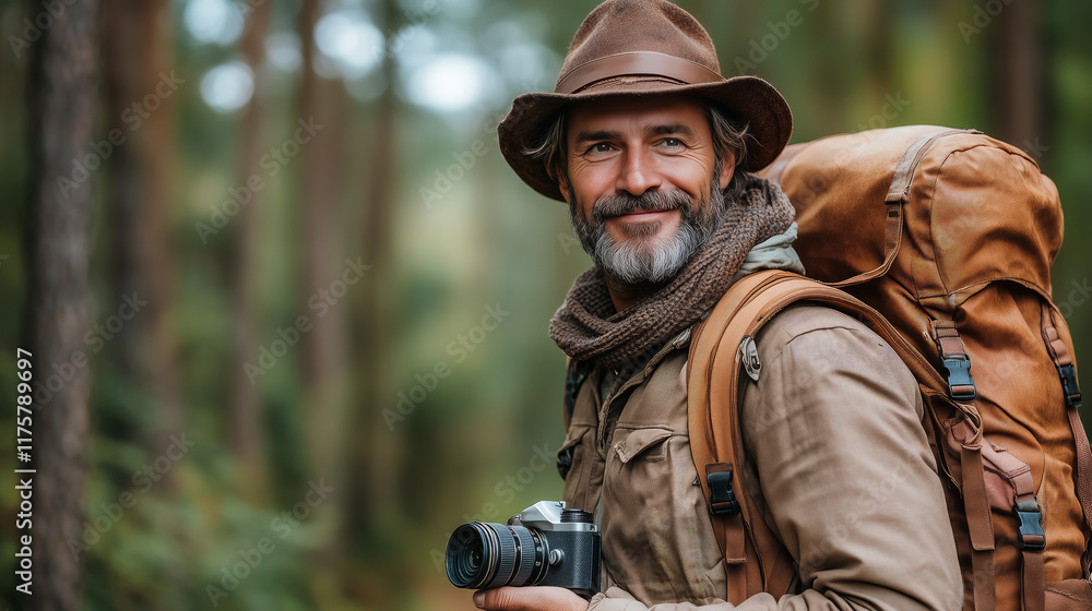 Obraz premium A tourist with a camera and backpack against the backdrop of a forest