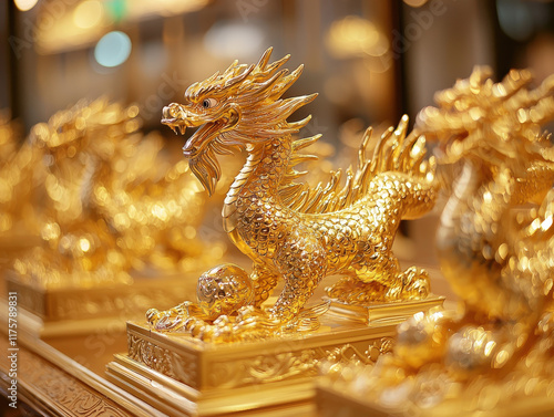 Chinese new year celebration decorative golden dragon and phoenix ornaments festive atmosphere close-up view cultural significance