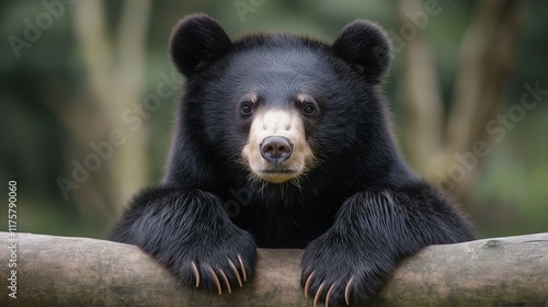 A black bear is standing on a tree branch and looking at the camera