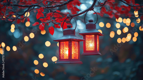Chinesenewyear celebration red lanterns hanging from tree branches festive night cultural event enchanted forest magical atmosphere