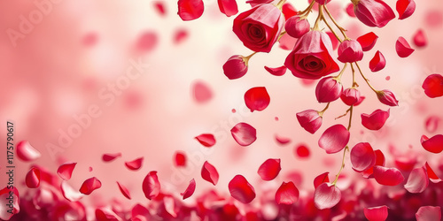 A romantic background featuring a cascade of rose petals, designed in soft pinks, reds, and white tones