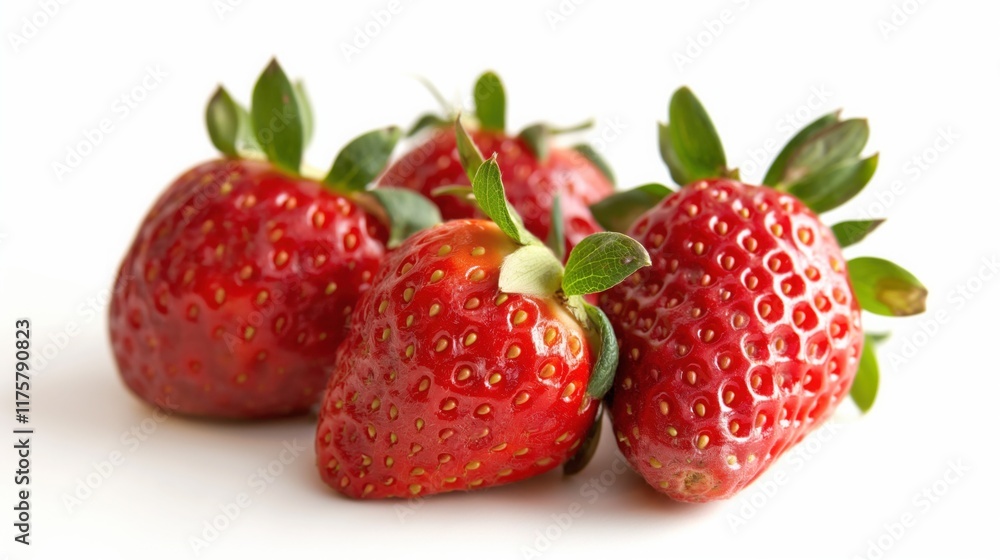 closeup of ripe red strawberries with green stems on white surface with water droplets bright look copyspace concept of fresh produce, nutrition, marketing closeup of ripe red strawberries with green stems on white surface with water droplets bright look copyspace concept of fresh produce, nutrition, marketing