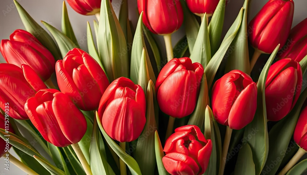 Fototapeta premium Red tulips bouquet close-up on gray background