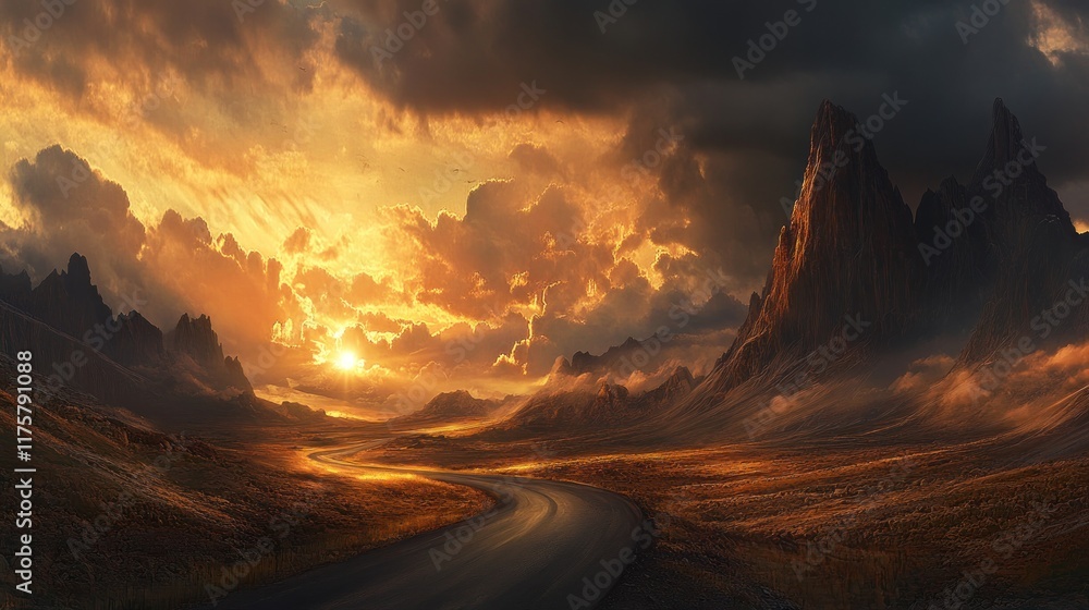 Fototapeta premium Dramatic sunset over winding road through mountainous landscape.