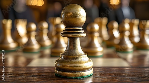 Elegant golden chess pawn piece captured in a close up low angle view showcasing its ornate regal design and symbolic representation of strategy intelligence and the pursuit of victory photo