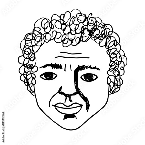 Hand drawn casual sketch of an adult African American man with curly hair on isolated background. Vector illustration portrait of abstract person. Calm face with wrinkles, character, racial issues