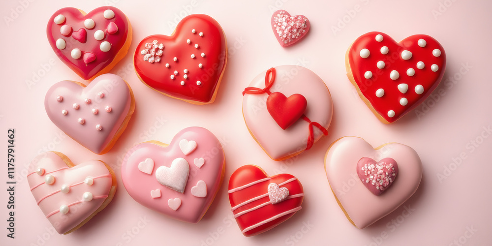 Heart-shaped donuts: A variety of heart-shaped donuts glazed in shades of pink and red icing, decorated with edible pearls, sugar crystals, and mini hearts Heart-shaped donuts: A variety of heart-shaped donuts glazed in shades of pink and red icing, decorated with edible pearls, sugar crystals, and mini hearts