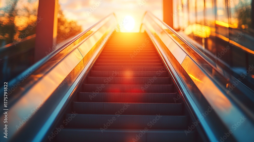 Empty escalator stairs in futuristic, stylish interior of shopping center with early morning light create captivating high-angle view showcasing minimalistic design and sleek architecture with caption Empty escalator stairs in futuristic, stylish interior of shopping center with early morning light create captivating high-angle view showcasing minimalistic design and sleek architecture with caption