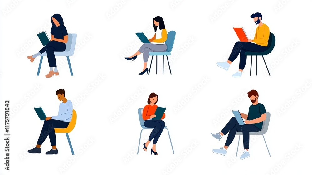 Diverse young people from various cultures reading books Flat vector illustration celebrating World Book Day or Book Week Diverse young people from various cultures reading books Flat vector illustration celebrating World Book Day or Book Week