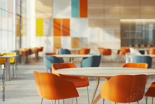 Modern office break room with orange and teal chairs