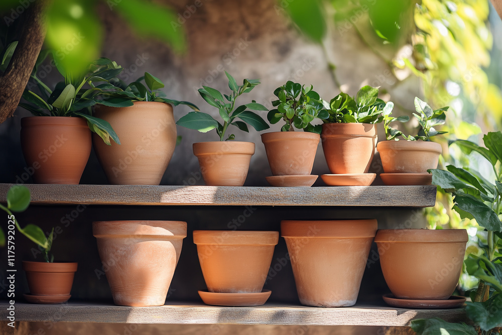 Fototapeta premium A set of stacked clay pots in different neutral tones, arranged artfully on a garden shelf