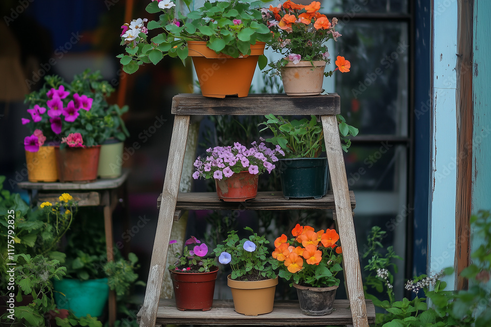 Naklejka premium A small wooden ladder repurposed as a plant stand, holding potted flowers in a variety of colors