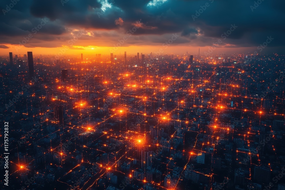 Fototapeta premium City illuminated by glowing lights at twilight showcasing a vibrant urban landscape