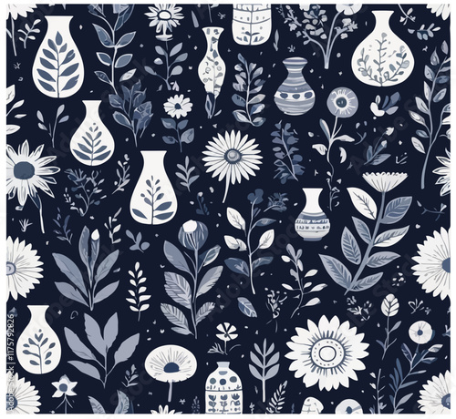 A seamless vector pattern featuring white floral elements, leaves, and decorative vases on a dark blue background, combining elegance and intricate design.