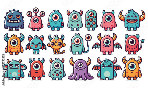 A playful vector set of colorful cartoon monsters with unique features like horns, wings, and multiple eyes, expressing various emotions and personalities.