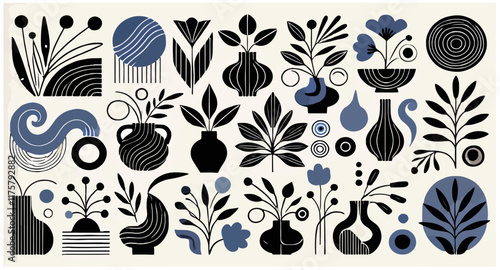 A decorative vector pattern featuring abstract floral and vase designs in black, blue, and beige tones, with geometric and organic shapes.