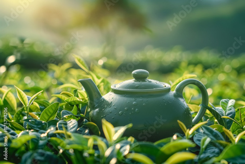 Kettle arranged among green leaves in field, hot healthy drink in teapot on beautiful landscape lush asian tea plantation. photo