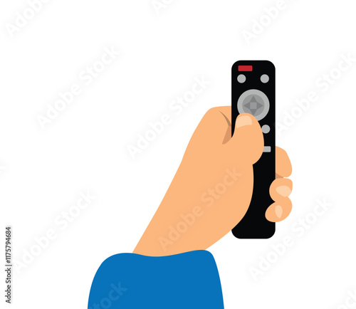 Hand Holding a Remote Control Flat Style. Technology and watching movies concept vector art