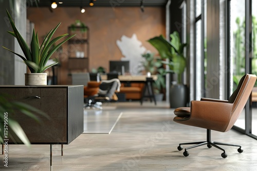 Modern office interior with brown leather chair and plants
