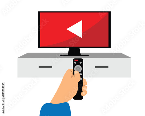 Hand Holding a Remote Control with TV Set in the Background Flat Style. Technology and watching movies concept vector art