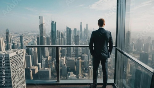 Urban Skyline View A Businessman Contemplating the City from a Skyscraper