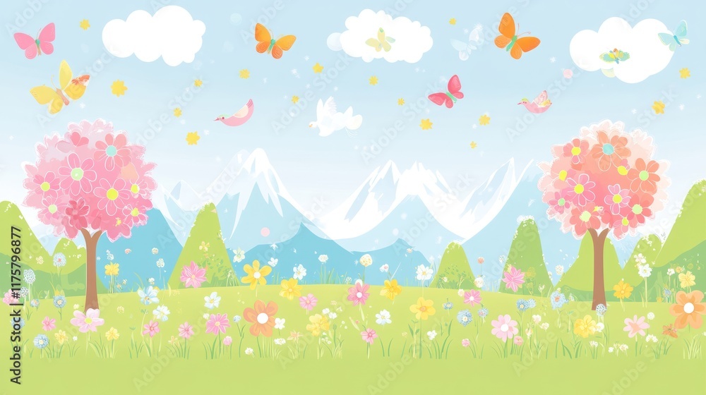 Spring meadow scene with cherry blossoms, butterflies, and birds Spring meadow scene with cherry blossoms, butterflies, and birds