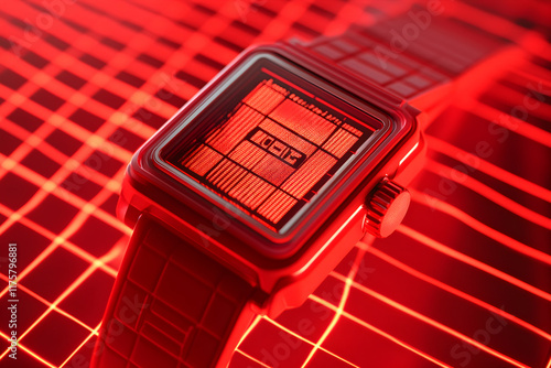 Futuristic Geometric Elegance: The Red Framed LED Timekeeper on Grid Background photo